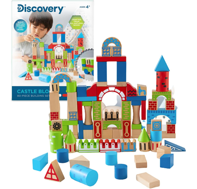 Discovery Kids 80 Piece Wooden Castle Blocks Set for Kids Toys Circuit
