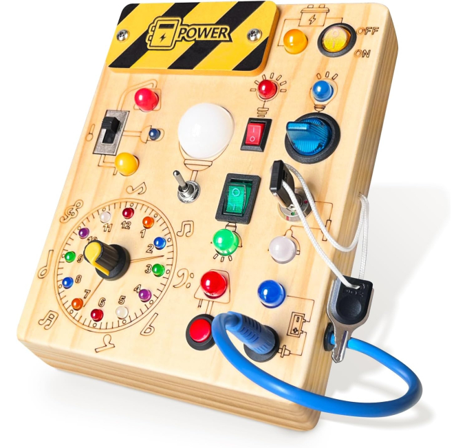 Iabedi Busy Board,Montessori Toys for 1-3 Years Old, Wooden Toddler Toys, Sensory Travel Toys, Ideal Gift for 1+ Year Old Boys (Busy Board Plus V2), Medium, Yellow  Toys & Games