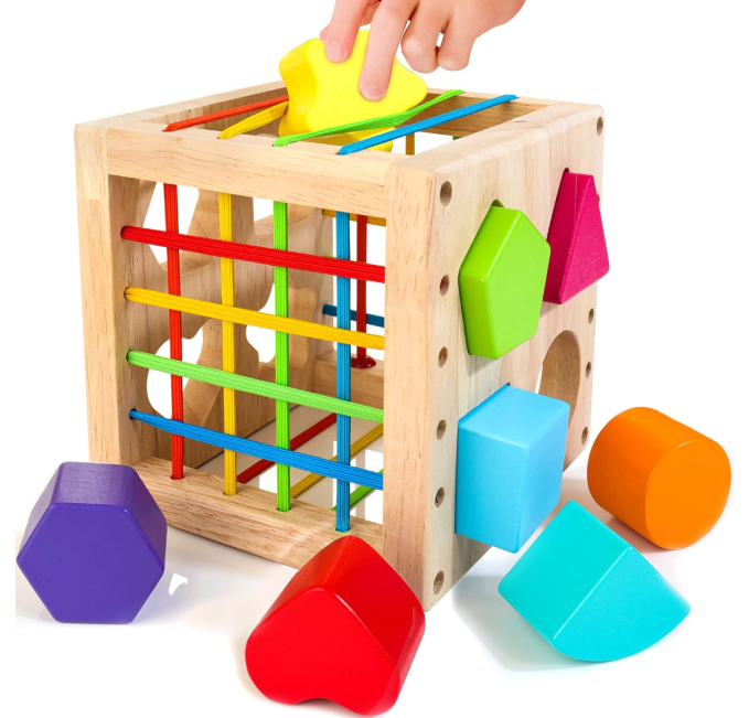 HELLOWOOD Montessori Toys for 1+ Year Old, Wooden Sorter Cube with 8pcs Rattling Shapes, Developmental Learning Toy Gifts for Baby Toddler Boys Girls, Gift Packaging  Toys & Games