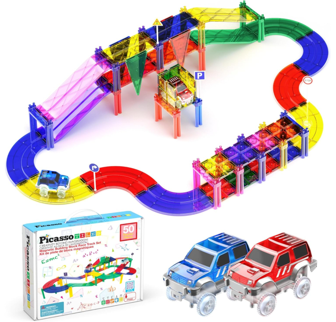 ​PicassoTiles 50 Piece Magnetic Race Car Track Building Set with LED Cars from Toys Circuit​