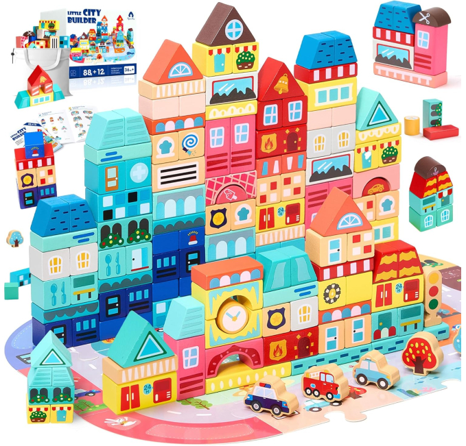 VigorFun Wooden Building Blocks 100 Piece City Set Toys Circuit