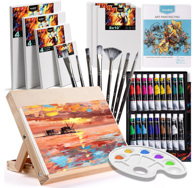 Koseibal Acrylic Art Set with Paints Brushes Canvas Easel Toys Circuit