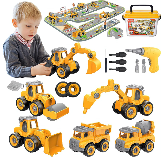 Trovogil 28PCS Take Apart Construction Truck Toys with Puzzle Track Toys Circuit
