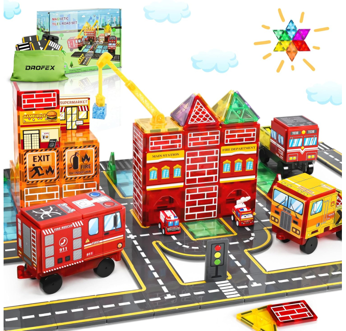 Drofex Road Tiles Set with Fire Truck and Crane for Kids Toys Circuit