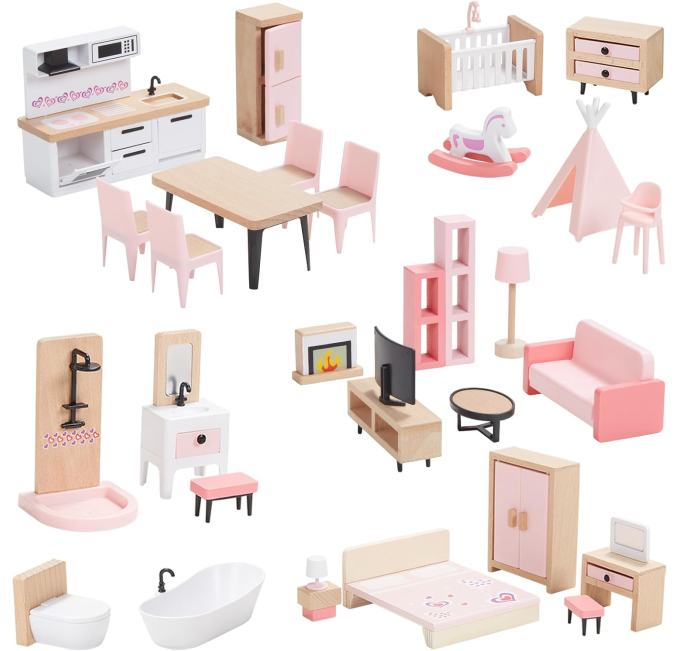 Giant Bean 32 Piece Wooden Dollhouse Furniture Set with Rooms Toys Circuit