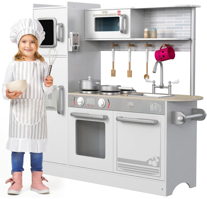 Toys Circuit Wooden Kitchen Playset for Toddlers with Stove Oven Microwave