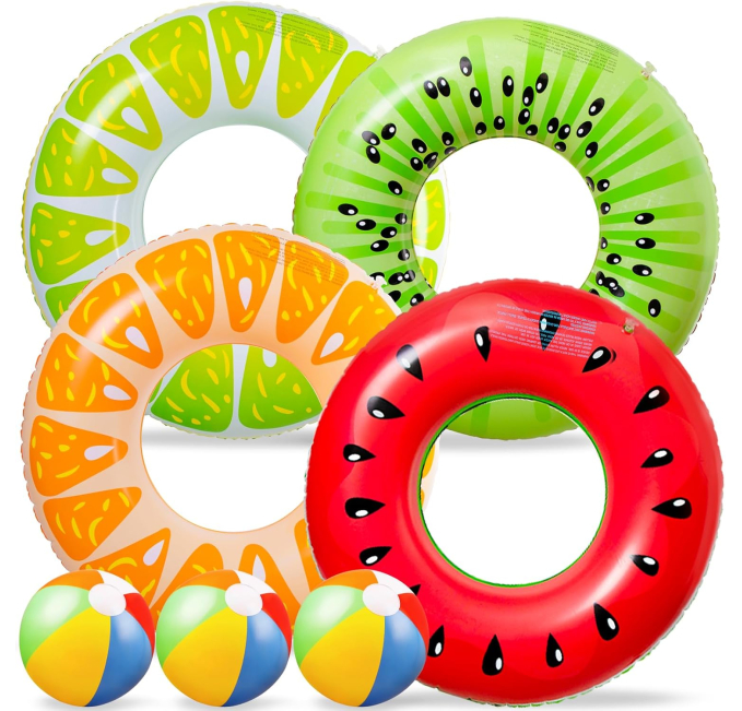 90shine 7PCS Fruit Pool Floats with Beach Balls for Kids Adults Toys Circuit