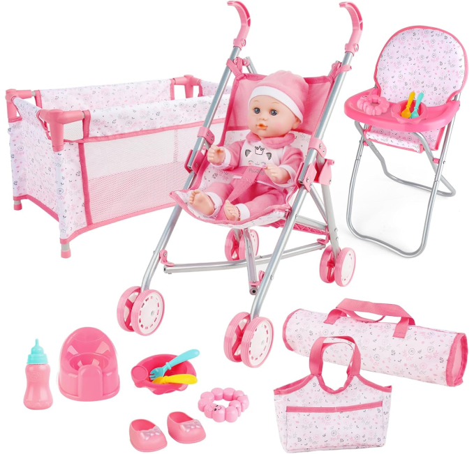 Rufus AI Baby Doll Stroller Crib Nursery Play Set Travel Cot Toys Circuit