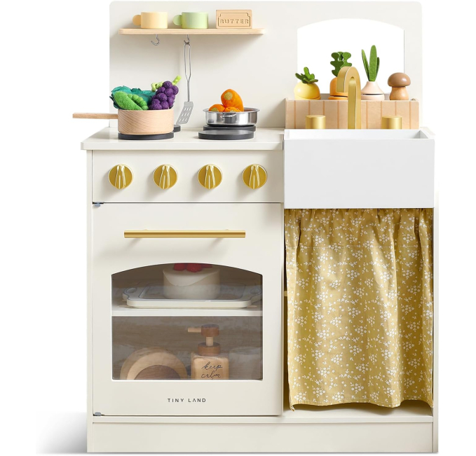 Tiny Land Wooden Play Kitchen Set for Kids with Cutting Food Toys Circuit