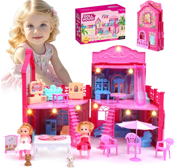 BRAITEN Foldable Dollhouse with Furniture Dolls and Lights Toys Circuit