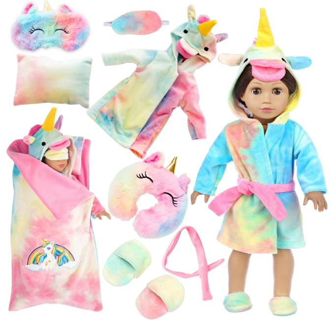 XFEYUE 18 Inch Doll Clothes Rainbow Unicorn Costume Sleeping Bag Toys Circuit