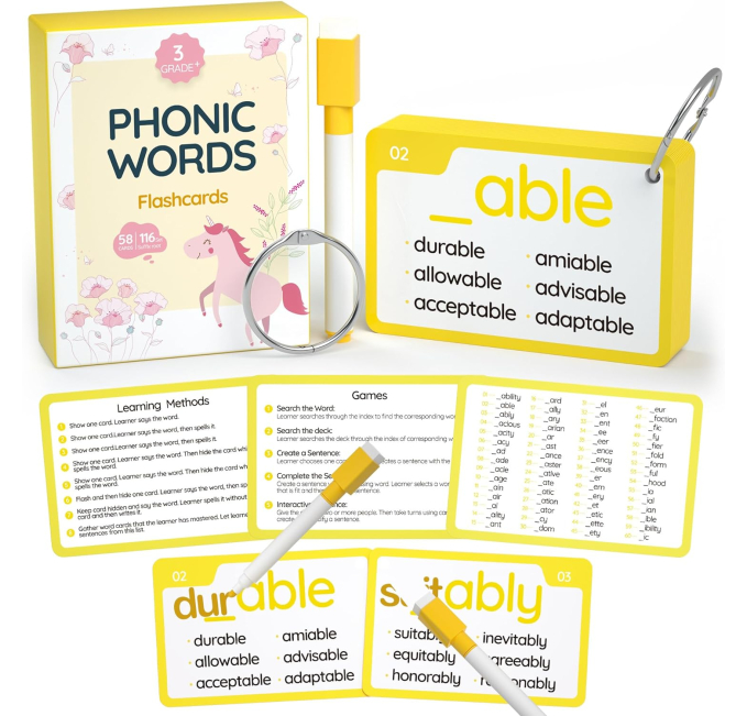 WJPC Phonics Suffix Words Flash Cards for Kids Learning Toys Circuit