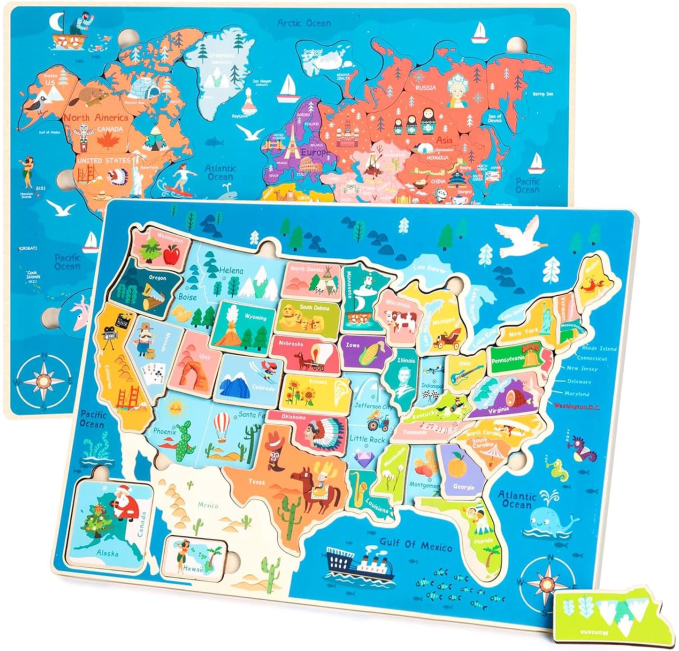 2 Pack Wooden Puzzles for Kids Ages 4-6, World USA Map Puzzles Toys Circuit