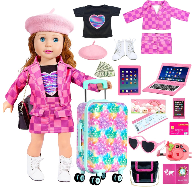 Rufus AI 18 Inch Doll Clothes Accessories Travel Set Toys Circuit Doll Luggage Hat Sunglasses Camera Tablet