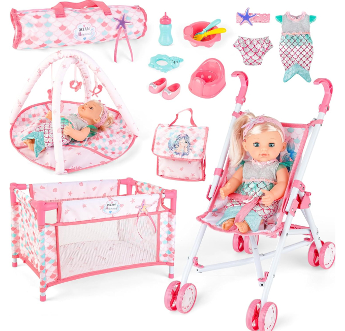 deAO Baby Doll Stroller Crib Bed Nursery Set with Play Mat! Toys Circuit