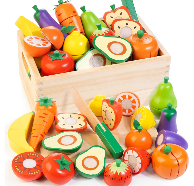 Wooden Play Food Set for Toddlers Velcro Fruit and Veggies Toys Circuit