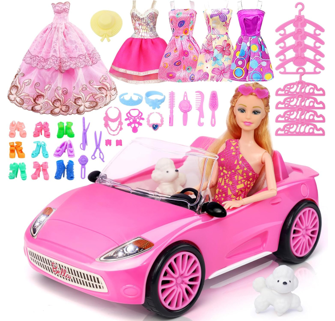 TDDS9 78 Pcs Doll Pink Convertible Car Playset with Doll Toys Circuit