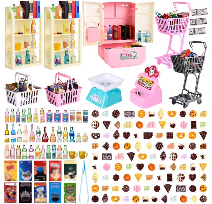 163 Pcs Mini Supermarket Playset with Fridge and Cash Register Toys Circuit