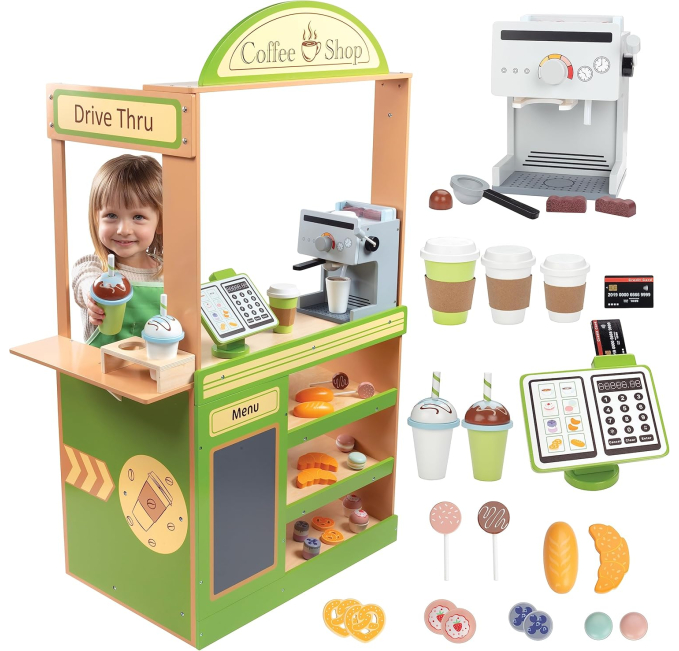 Pretend Coffee Shop Wooden Playset with Espresso Maker Toys Circuit