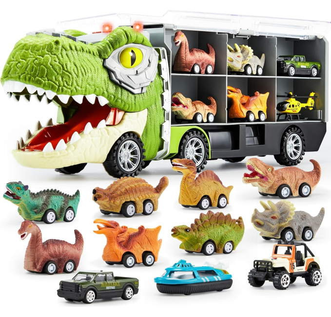 JOYIN 13 in 1 Dinosaur Toys Set for Kids with Truck Pull Back Cars Toys Circuit