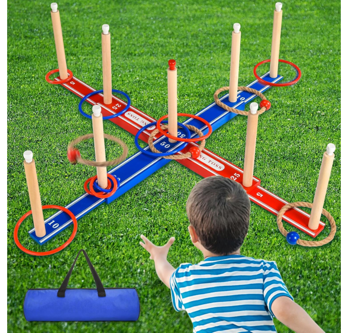 FunforFun Wooden Ring Toss Toys Circuit Outdoor Game for Kids