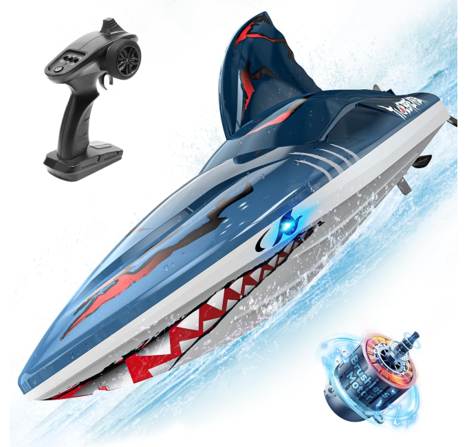 DEERC Fast Brushless RC Boat 30MPH Speed Shark for Pools Toys Circuit
