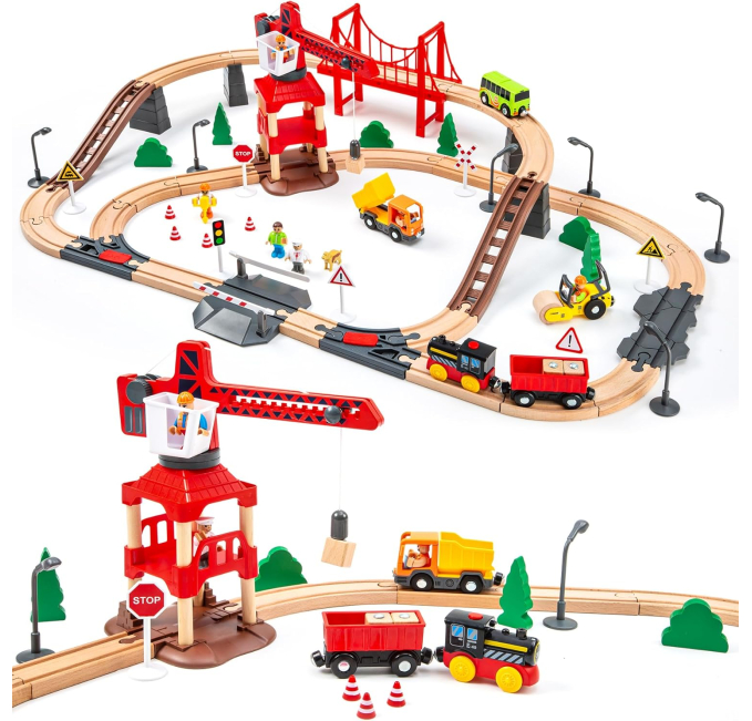 Tiny Land 86pcs Wooden Train Set with Crane for Kids Toys Circuit