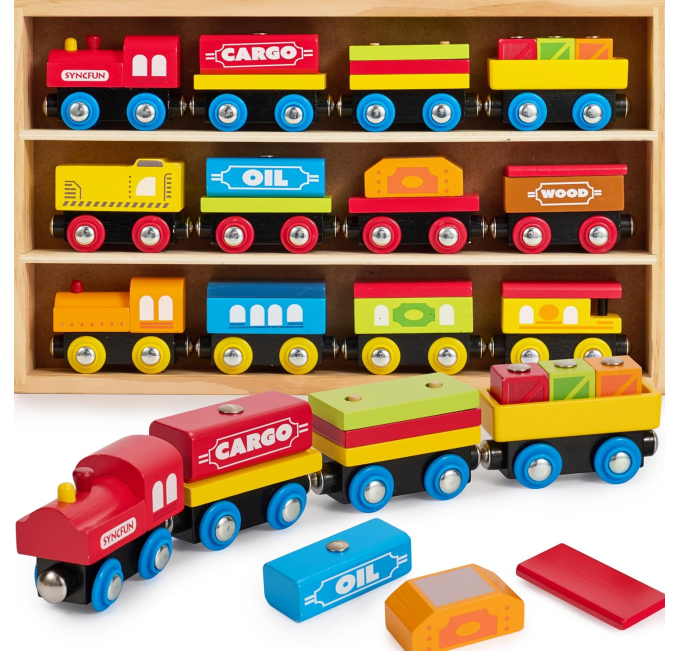 Montessori Wooden Train Toy Set 12PCS Magnetic Cars Toys Circuit