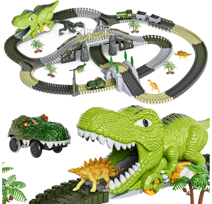 TUMAMA Dinosaur Train Set with Electric Cars and Track Toys Circuit